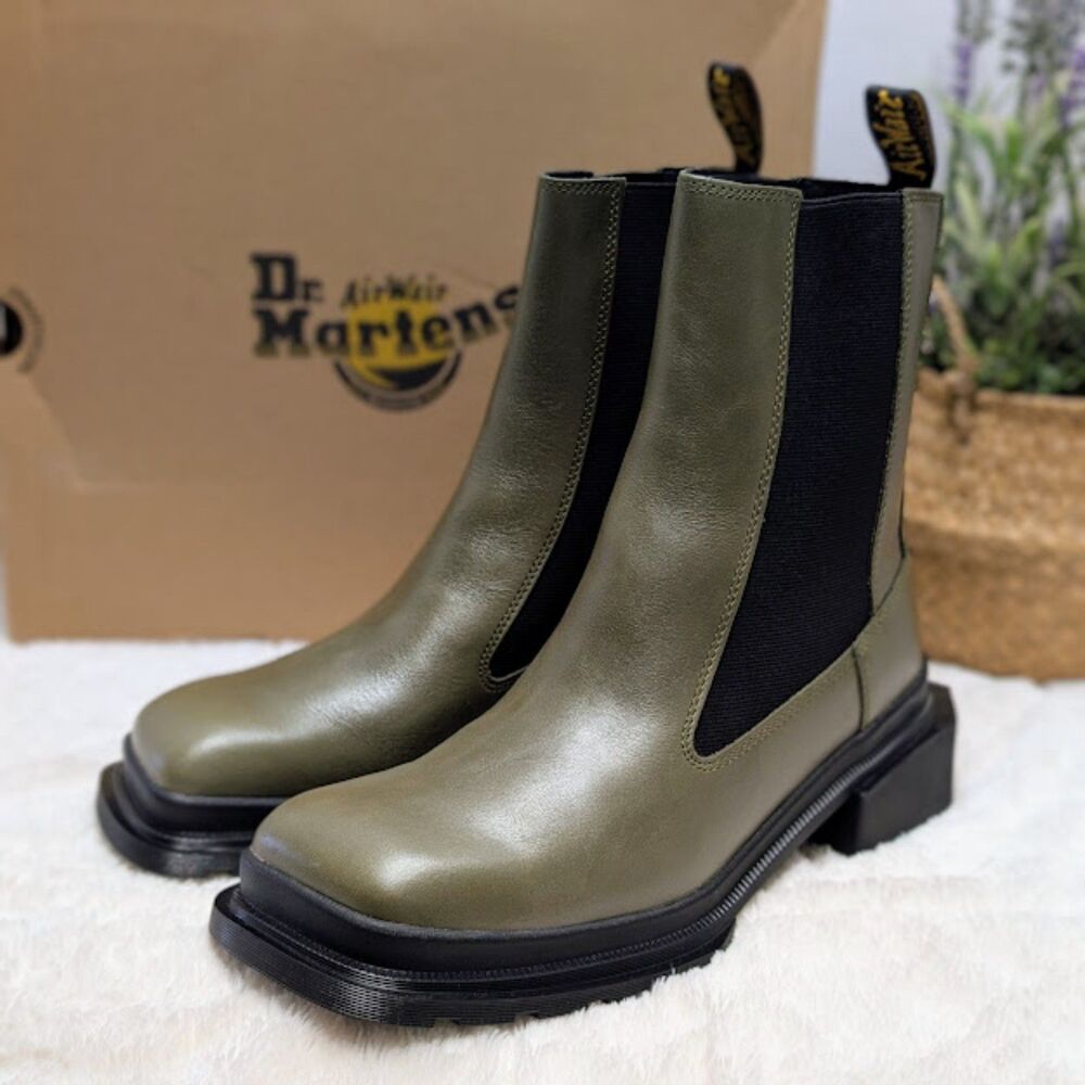 Dr. Martens Olive Green Maybole Chelsea Square Toe Leather Boots UK 8 NIB